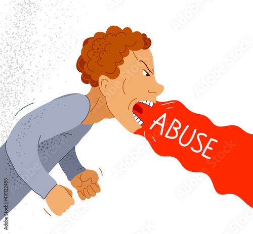 Aggressive man psychological abuser vector illustration, scream and shout quarrel with violent clenched fists, domestic violence and abuse, alcoholism bad behavior, psychopath manipulator.