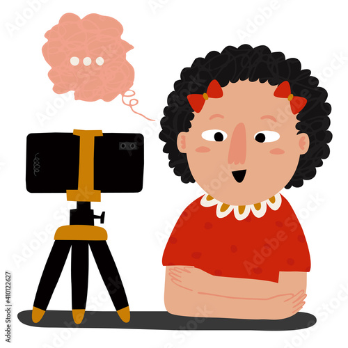 Caucasian girl recording vlog on mobile. Talking little girl, phone in tripod and bubble speech isolated on white. Hand drawn flat style kid blogger. Child vlogging concept. Trendy vector illustration