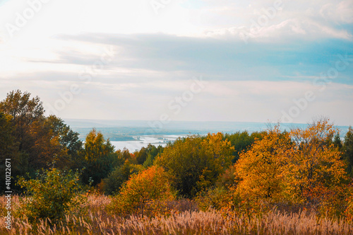 A colorful autumn landscape on a cloudy day