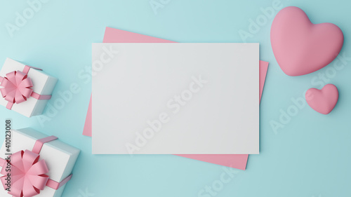 Blank white paper is placed on pink paper with pink heart and Close white gift box with pink ribbon on cyan background. Valentine's day concept © Pungu x