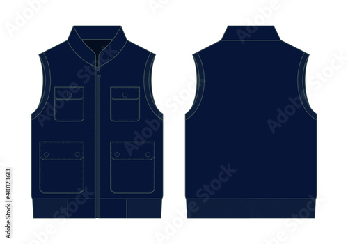 Navy Blue Vest With Multiple Pockets Template on White Background. Front and Back Views, Vector File.