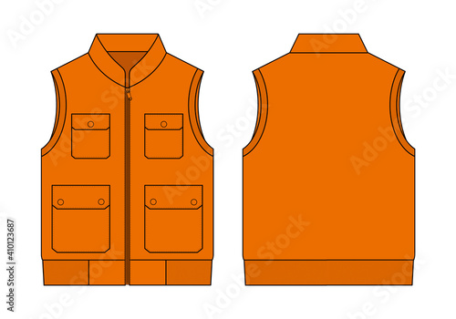 Orange Vest with Multiple Pockets Template on White Background. Front and Back View, Vector File