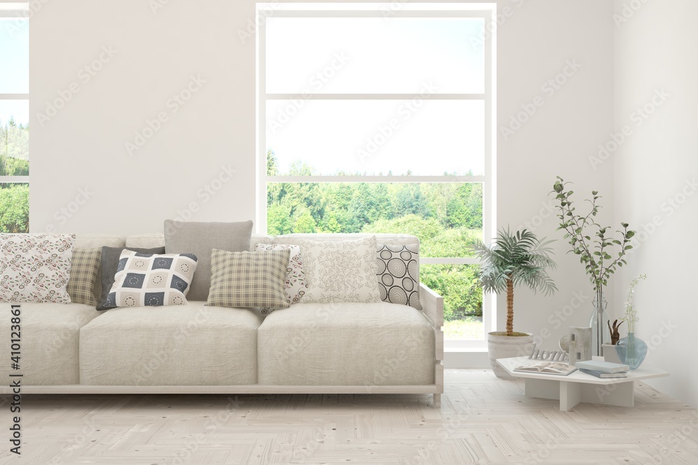 White living room with sofa and summer landscape in window. Scandinavian interior design. 3D illustration White living room with sofa and summer landscape in window. Scandinavian interior design. 3D illustration