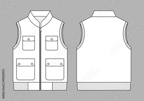 White Vest with Multiple Pockets Template on Gray Background. Front and Back Views, Vector File.