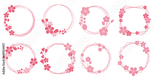 Set of laurel wreath design elements. Pink circle border vector ornaments. Wreath decoration with pink flower petals. Vector illustration.花リーフデザイン、花びらリースイラスト、桜リースイラスト