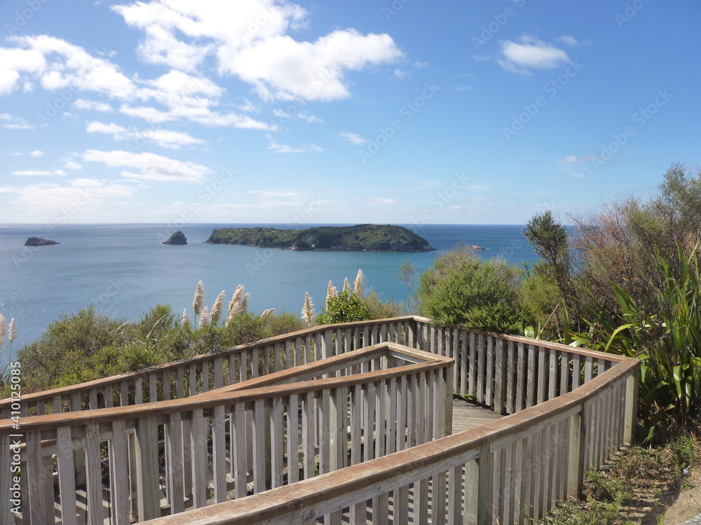 Naklejka premium the start of the hiking trail to the Cathedral Cove, Mercury Bay, Coromandel Peninsula, North Island, New Zealand, November