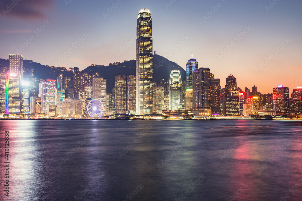 View of Hong Kong harbour at sunset time. View of Hong Kong harbour at sunset time.
