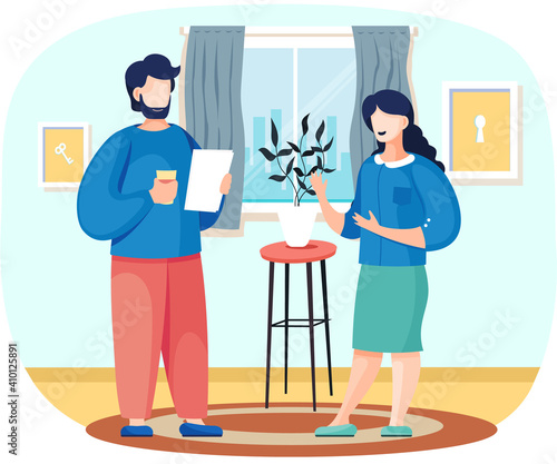 Couple of married people are standing talking in living room near window discuss common affairs. Man with coffee and document in hands communicates with woman. Meeting in office, comrades discussing
