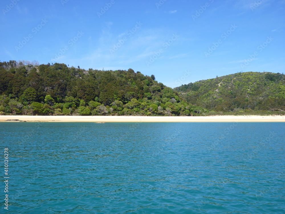 the view of the Abel Tasman National Park from a water taxi, Nelson, Tasman region, South Island, New Zealand, February