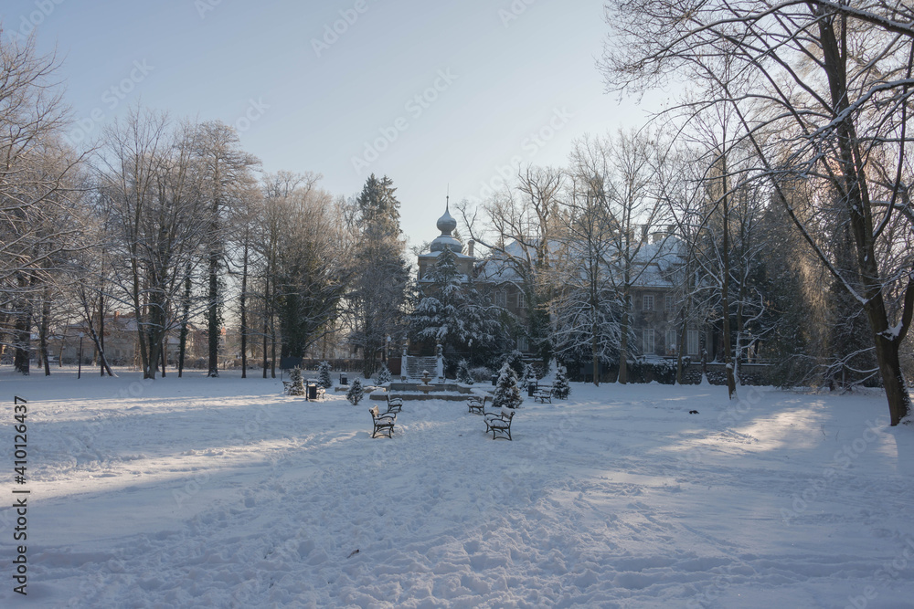 Pałac w Iłowej w zimowej scenerii.