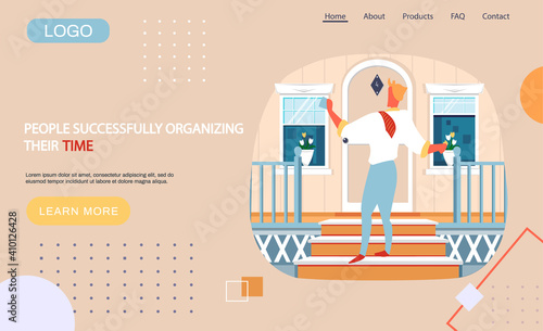 People successfully organizing their time landing page template with businessman stands on doorstep. Time management planning and control concept for effiecient succesful and profitable business
