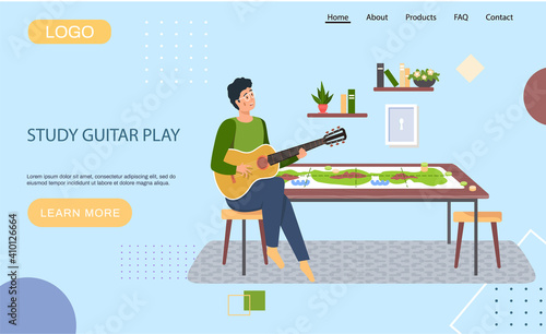 Website study guitar play. Guitarist making music. Musician on background of board game. Man perform at home. Landing page design layout. Male character creates music. Guy plays strings on instrument