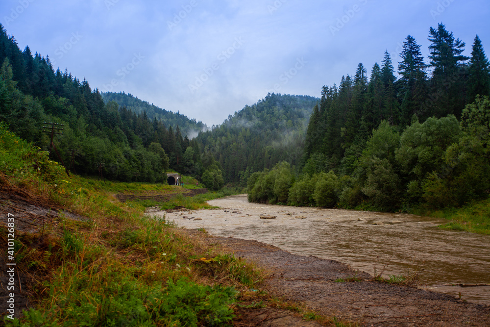 A fast mountainous shallow river rushes over the stones among the mountains, forests and green landscapes. There are tourist trails of the Carpathians