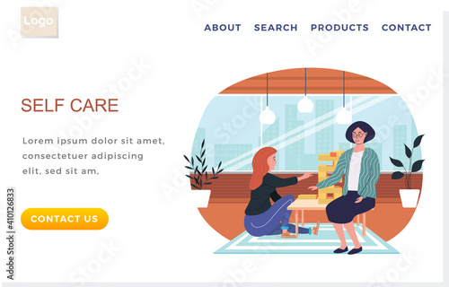 Internet website layout. Self care concept. Woman play Jenga and spend time together at home. People with board game communicate in apartment. Landing page template. Prevention of spread of cold