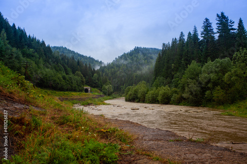 A fast mountainous shallow river rushes over the stones among the mountains, forests and green landscapes. There are tourist trails of the Carpathians