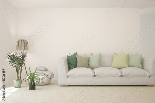 White living room with sofa. Scandinavian interior design. 3D illustration