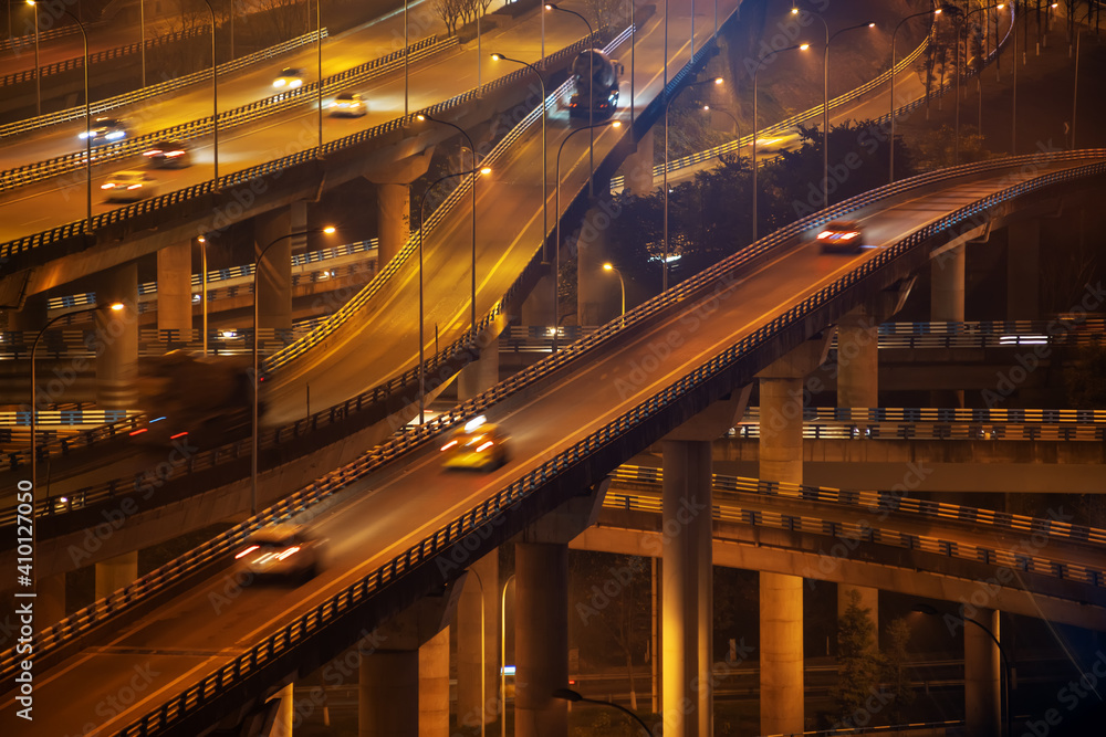 Obraz premium At night,The intersecting multi-storey overpass in Chongqing, China