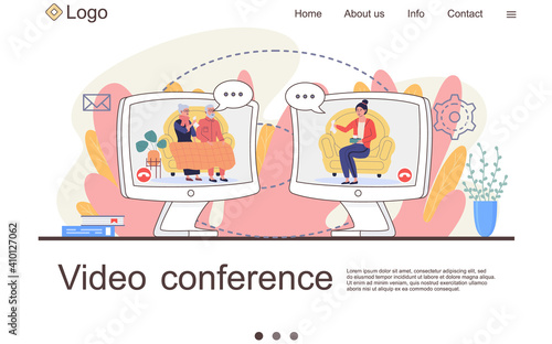 Internet website layout. People communicate on videoconference on their computers during self-isolation. Woman giving napkin to elderly relatives with runny nose. Prevention of spread of virus
