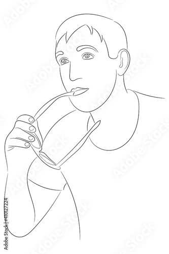 Sketch portrait of a pensive man with glasses in hand