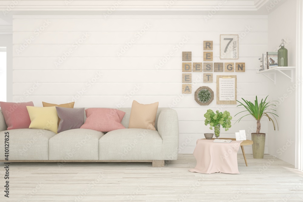 Naklejka premium White living room with sofa. Scandinavian interior design. 3D illustration