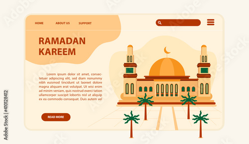Ramadan website landing page with mosque illustration purple orange theme. Suitable for website pages during Ramadan