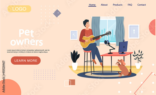 Pet owners landing page template. Man playing and practicing instrument sings song records sound with microphone. Dog listening to music sitting next to owner. Guitar lesson, school and home learning