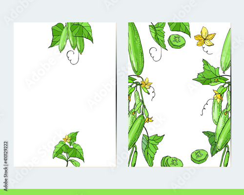 Greeting cards with green fresh cucumbers