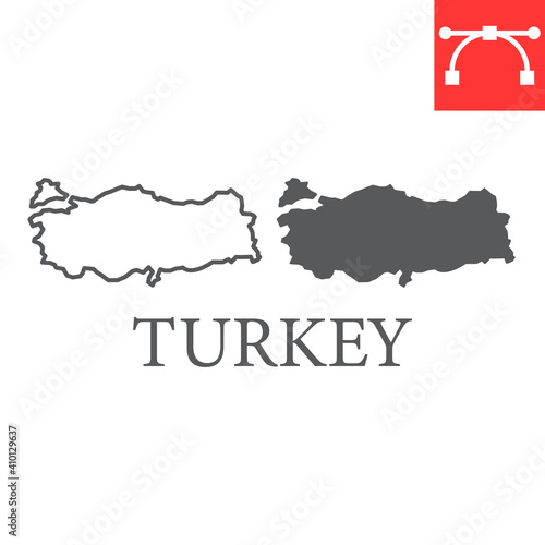Map of Turkey line and glyph icon, country and geography, turkey map sign vector graphics, editable stroke linear icon, eps 10.