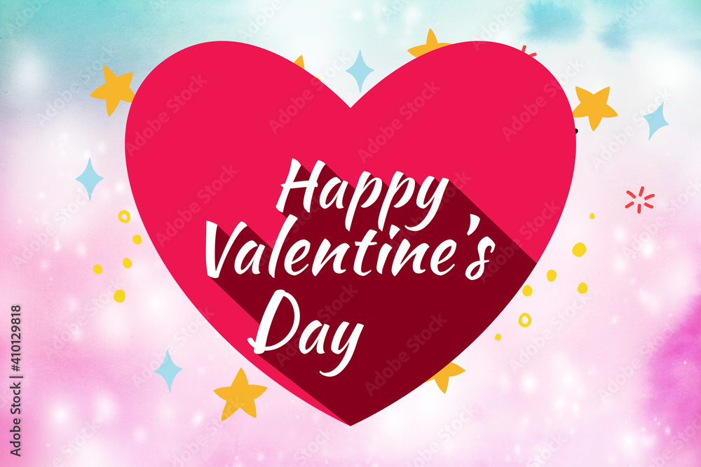 Happy Valentines Day greeting card or banner with red heart and lettering