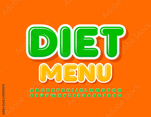 Vector bright template Diet Menu with Uppercase Font. Green Alphabet Letters and Numbers set