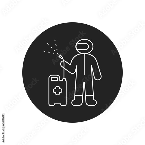 Worker in protective suit with disinfector sprayer black glyph icon. Protect from viruses. Cleaning service. Pictogram for web, mobile app, promo.