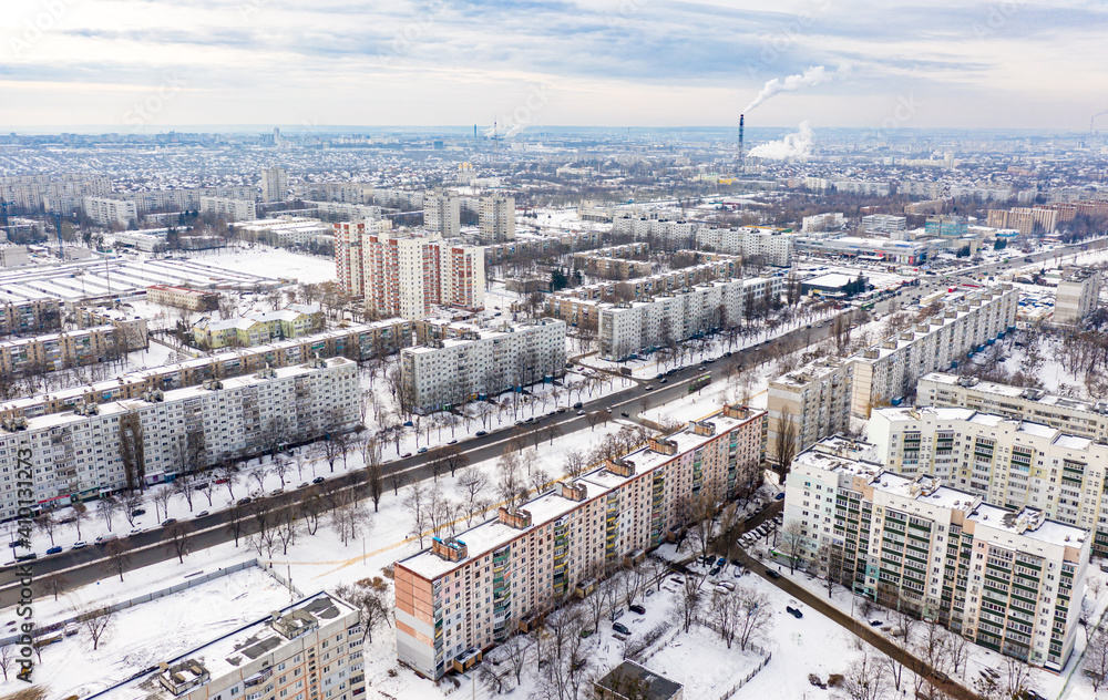Winter aerial view to residential area Saltivka in Kharkiv, Ukraine. Yuvilejnyj Avenue and microdistricts