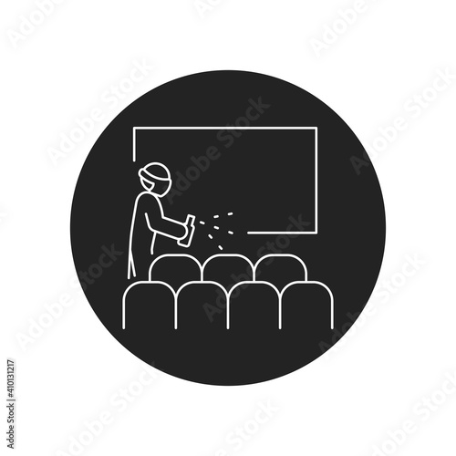 Cinema hall disinfection black glyph icon. Cleaning service. Worker in protective suit with disinfector sprayer.