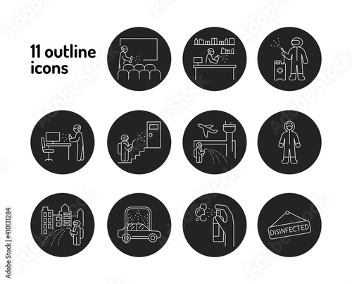 Mass disinfection black glyph icons set. Cleaning service. Worker in protective suit with disinfector sprayer. Pictograms for web, mobile app, promo.