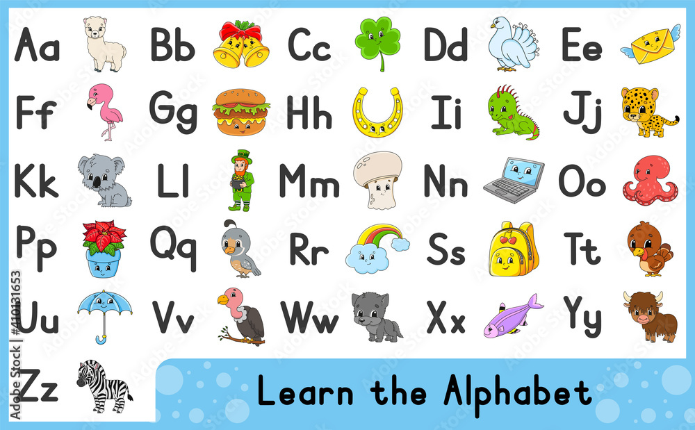 English alphabet with cartoon characters. Vector set. Bright color style.  Learn ABC. Lowercase and uppercase letters. Stock Vector | Adobe Stock