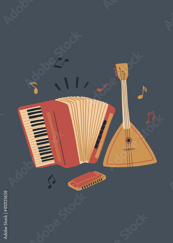 Vector music design with accordion, balalaika and harmonica. Cartoon doodle illustration for invitation, card, poster, print or flyer.
