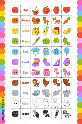 Learning colors for kids. Cut and play. Cute cartoon characters. Picture set for preschoolers. Education worksheet. Vector illustration.