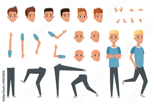 Young man character constructor with body parts legs, arms, hand gestures. Angry, dissatisfied, surprised and calm face expression. Full length boy. Stylish hairstyles. Flat .