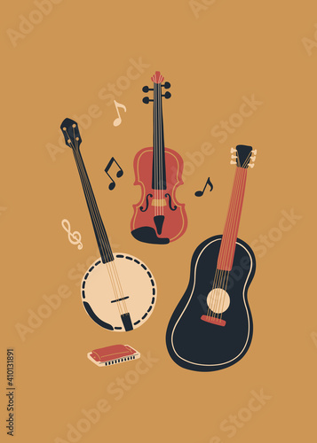 Vector music design with banjo, acoustic guitar, violin, notes and harmonica. Cartoon doodle illustration for invitation, card, poster, print or flyer.