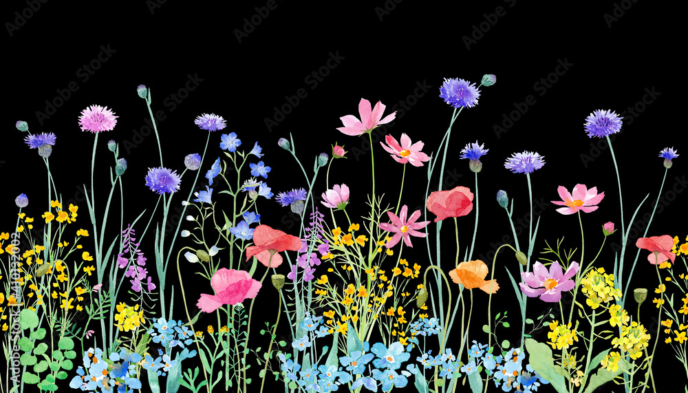 色々な花が咲き乱れる、春の野原の水彩イラスト。横方向シームレス 