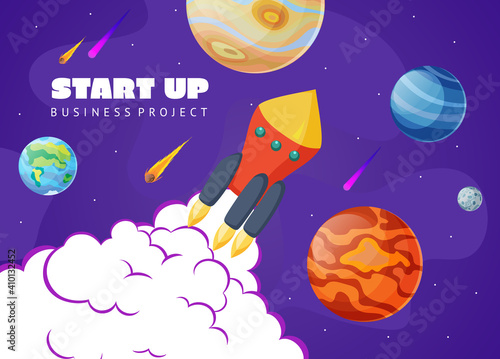 Start up concept space background with rocket and planets. Web design. Space exploring illustration.