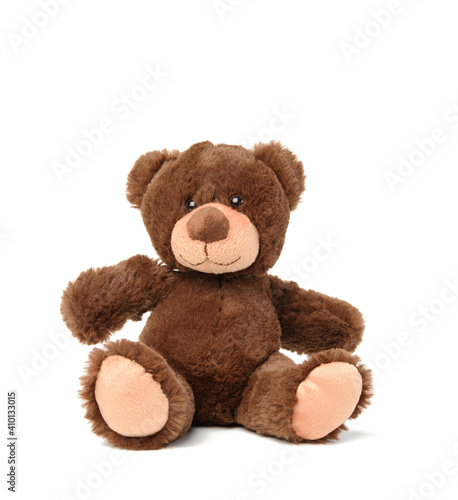 brown teddy bear sits on a white background