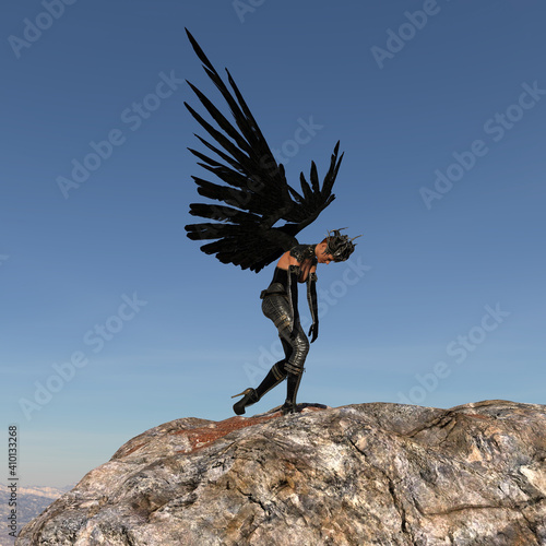 Canvas Print Illustration of a black winged female being wearing a headdress slouched over in dejection atop a large boulder on an alien world
