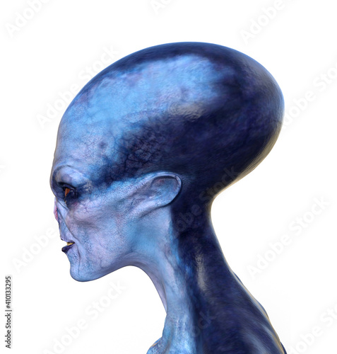 Illustration of the head and neck of a blue alien with mouth slightly open on a white background.