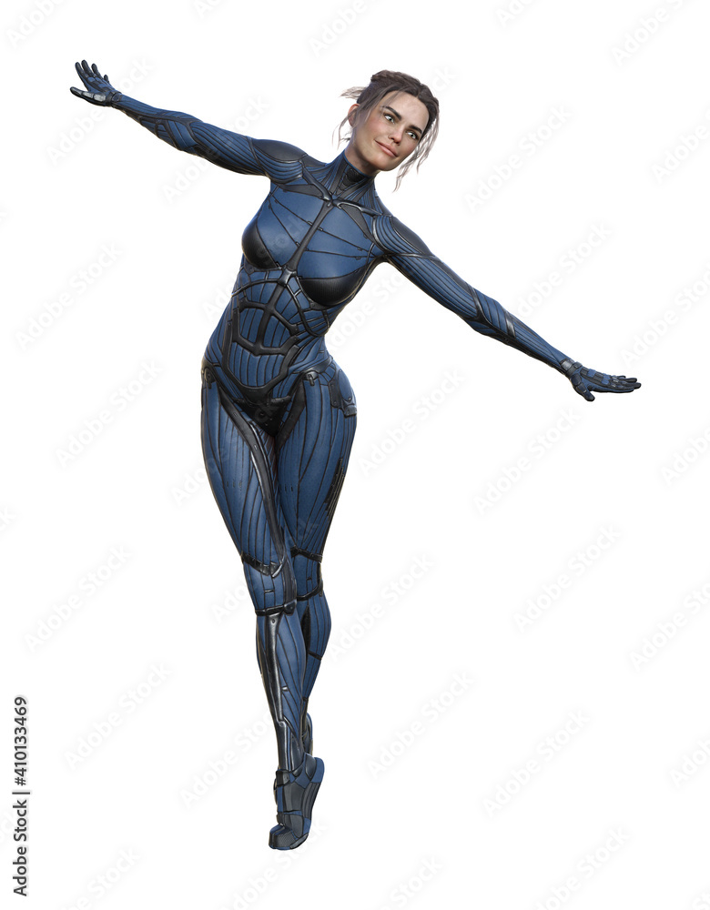 Illustration of a woman wearing a blue skintight outfit pretending she is soaring while isolated on a white background.