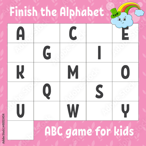 Finish the alphabet. ABC game for kids. Education developing worksheet. Learning game for kids. Color activity page.