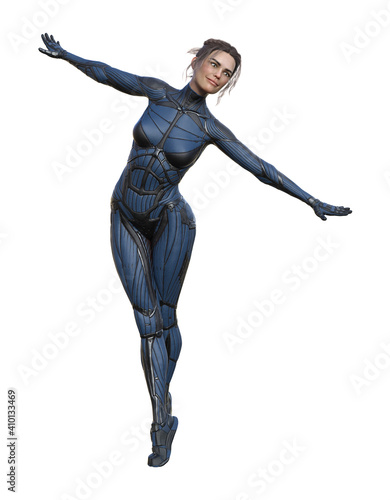Illustration of a woman wearing a blue skintight outfit pretending she is soaring while isolated on a white background. photo