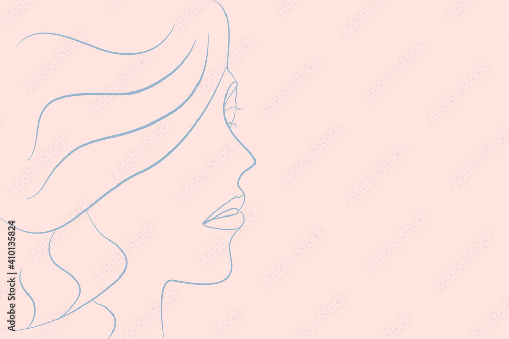 Linear portrait of a woman with thick hair in profile. The isolated drawing is suitable for a business card of a hairdressing salon. Vector illustration.