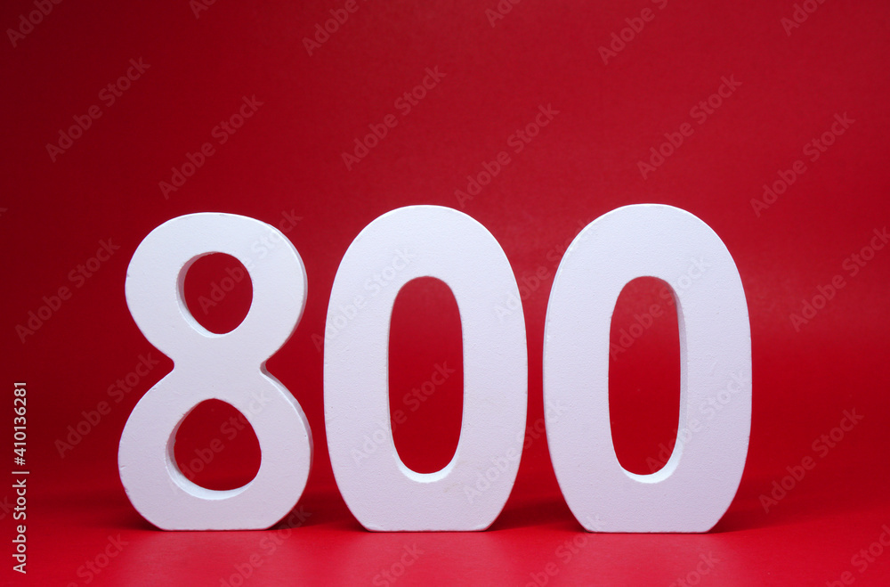 Number 800 ( Eight hundred ) Isolated red  Background with Copy Space -  800% Percentage or Promotion - Discount or anniversary subscribe concept  - obrazy, fototapety, plakaty 