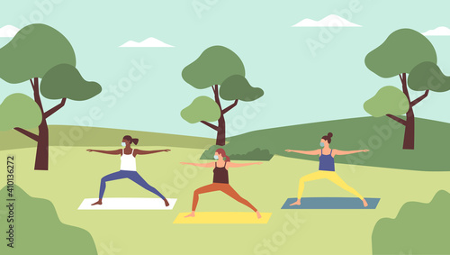 Outdoor yoga class. Young women with facemasks doing yoga in sportswear in city park in spring time. New reality. Healthy lifestyle, fresh open air workout. Vector illustration in cartoon flat style.